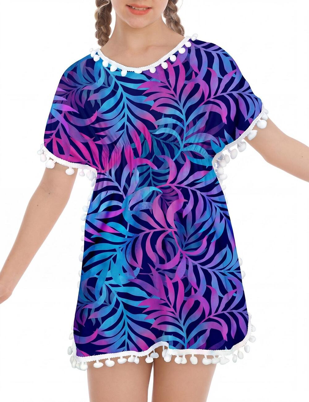 Nakamo Girls Kaftan Beach Cover Up Swim Dress Size 5/6 Multicolor Tropical Leaf